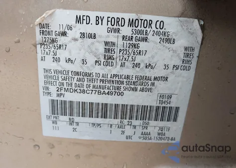 2007 Ford Edge Sel from USA, damaged, VIN 2FMDK38C77BA49700